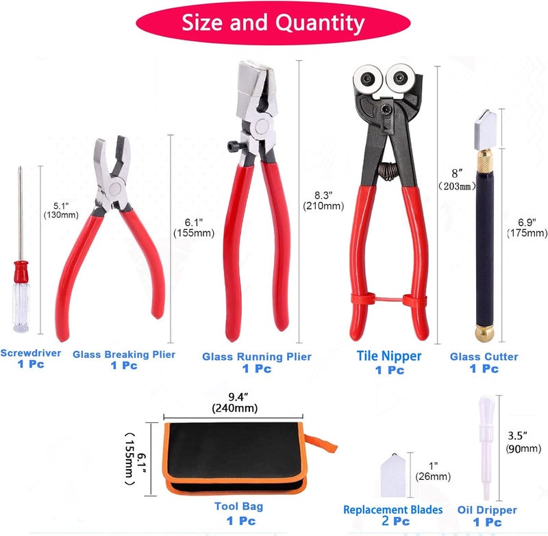 Tayfeim Glass Cutter Tool Glass Cutting Tool Set Kit with Glass Running Pliers Breaking Pliers Wheeled Tile Nippers, Glass Cutter for Stained Glass Mirror Tile Cut，Zipper Package - Image 2